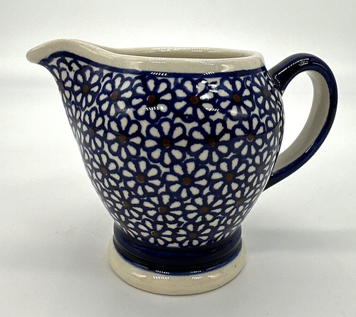 Polish Boleslawiec Stoneware Blue Daisy Creamer Pitcher 3.5" Hand Painted EUC