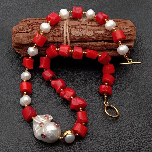 "Collar rojo coral blanco perla blanco blanco Keshi perla cz colgante pavimento 21" - Imagen 2 de 5