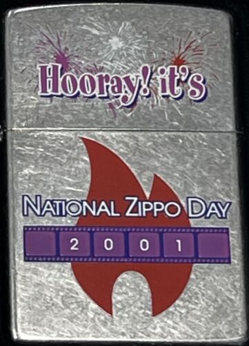 ZIPPO 2001 HOORAY! ITS NATIONAL ZIPPO DAY CHROME LIGHTER UNFIRED IN BOX 845S - Picture 2 of 5