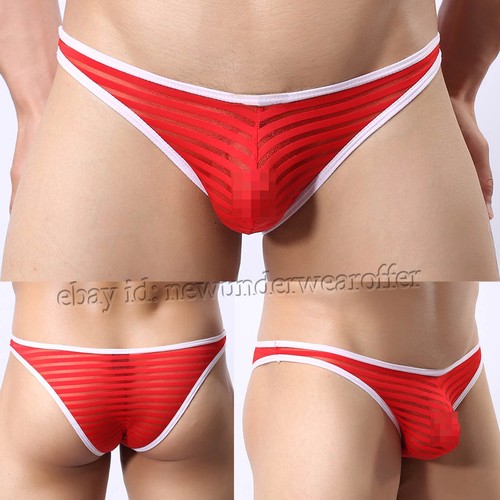 Men’s Sexy Sheer Pouch Mini Bikini Briefs Underwear Striped Gauze Thong Briefs - Picture 3 of 13