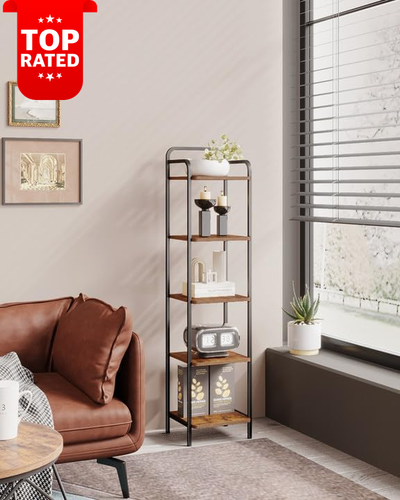 Narrow Bookcase Bookshelf 5 Tier Slim Industrial Corner Shelf Rustic Brown Black - Picture 9 of 12