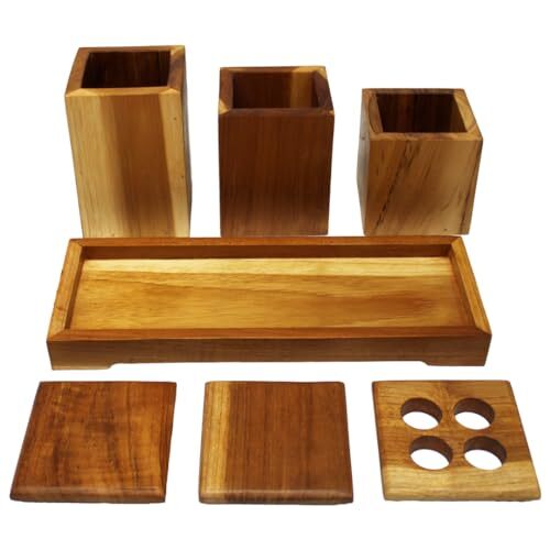Eleganto Teak Wood Bathroom Amenities Set with Tray in EarthyTeak Finish 3 Piece - Bild 5 von 9