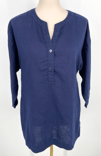 EILEEN FISHER womens size S Navy 100% Linen Split V-Neck Tunic pullover shirt