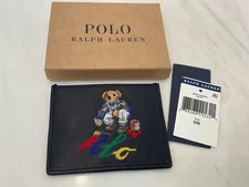 NEW Polo Ralph Lauren PAINTING BEAR Leather Slim Card Case Wallet - NAVY BLUE