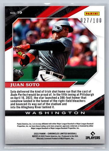 Panini Chronicles 2022 Juan Soto Limited 027/100 Yankees #19 rojo - Imagen 2 de 2