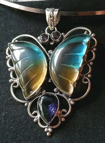 Large 3" Butterfly Pendant 925 Glass Ombre Blue & Yellow Wings w Purple Stones - Picture 8 of 12