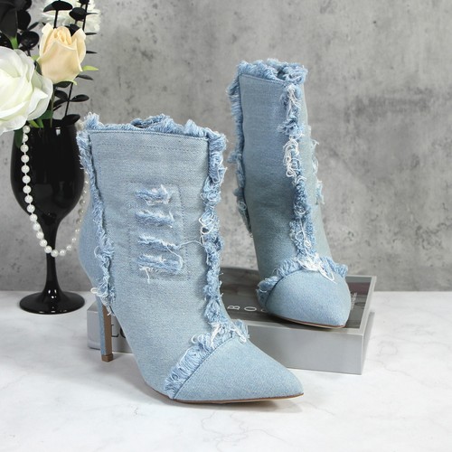 Glaze Women's Distressed Denim Ankle Boot Pointed Toe High Heel Frayed Edge - Picture 20 of 34