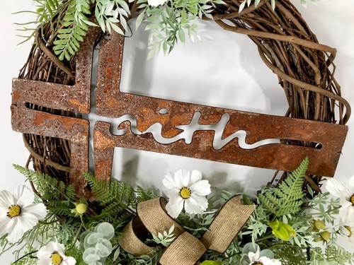 RUSTIC METAL FAITH CROSS GRAPEVINE FLORAL EVERYDAY WREATH CHRISTIAN EASTER NEW - Picture 5 of 10
