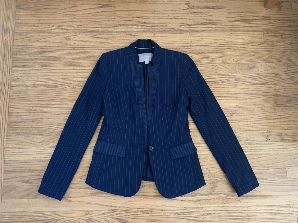 $178 Banana Republic Women sz 0 Long& Lean Inverted Collar navy pinstrip Blazer - Image 3 of 4