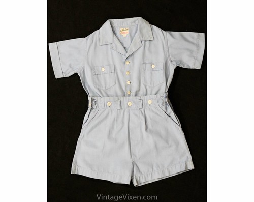 Boys Size 3T Play Outfit - 1930s 40s Blue Cotton S