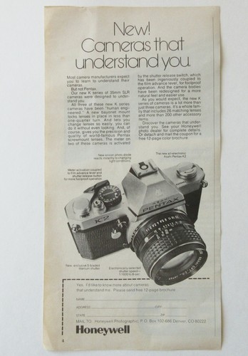 Vintage 70s Asahi Pentax K2 Honeywell 1975 Magazine Print Ad Camera Black White - Bild 1 von 2