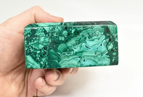 3.38" Polished MALACHITE JEWELRY BOX With Matching Beveled Lid- Congo - CM90 - Picture 4 of 10
