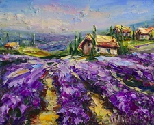 Lavender field painting Impressionist Floral Field Landscape Art Blooming Scene