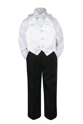 4pc Boy Baby Toddler Kid White Vest Bow Tie Formal Pants Set Suit sz S-7 - Picture 3 of 7
