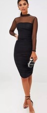 Pretty Little Thing Black Illusion Ruched Bodycon Midi Dress Womens 6 (1222)
