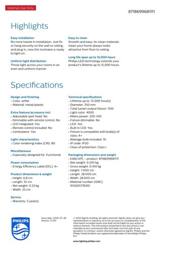 Plafoniera Led PHILIPS Bianca 25 - 32 Cm 10 17 W Luce 4000K Soffitto MOIRE 220V - Foto 3 di 4