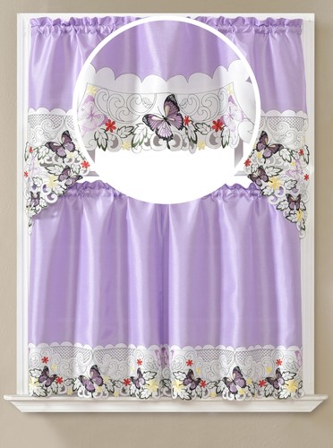 3PC SET WINDOW EMBROIDERY KITCHEN CURTAIN SOLID DRAPE VALANCE TIER NEW DESIGNS - Picture 44 of 49