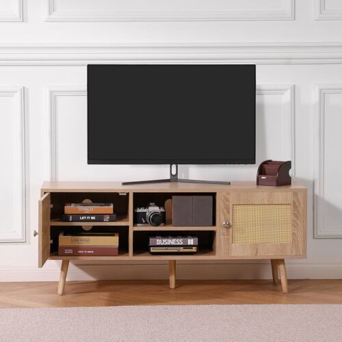 Rattan TV Stand TV Console w/ Adjustable Shelfs for 55 in TV Mid Century Modern - Picture 8 of 11