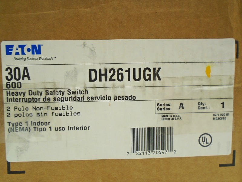 *NEW* EATON / CUTLER-HAMMER DH261UGK SAFETY SWITCH 30A TYPE 1 600V 2-POLE