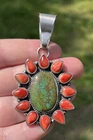 VTG Navajo Sterling Silver Pendant Green Web Turquoise Spiny Oyster Halo J Begay