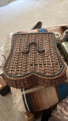Antique Victorian Wicker Rattan Sewing Basket Green Satin Lining - Picture 3 of 20