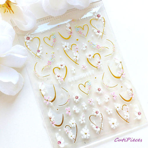 Pegatinas para arte en uñas 5D corazones dorados blanco rosa flores margarita punta francesa pegatina 117 - Imagen 3 de 3