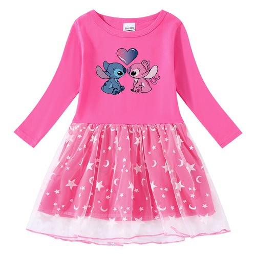 Kids Girls Stitch Stars Tulle Princess Party Fancy Tutu Dress Long Sleeve Dress - Picture 9 of 25