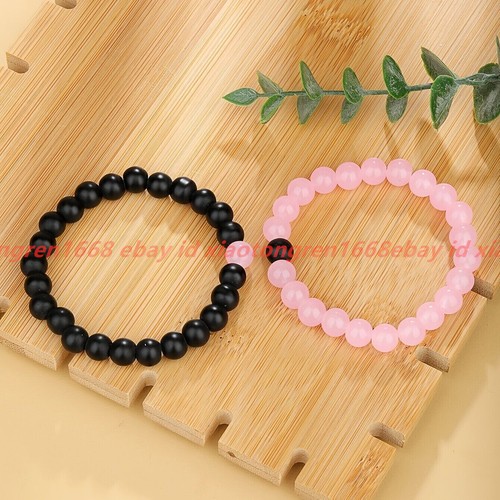 Natural 2 Pcs 8mm Pink Jade & Black Matte Agate Gems Round Beads Bracelet 7.5in - Picture 2 of 12