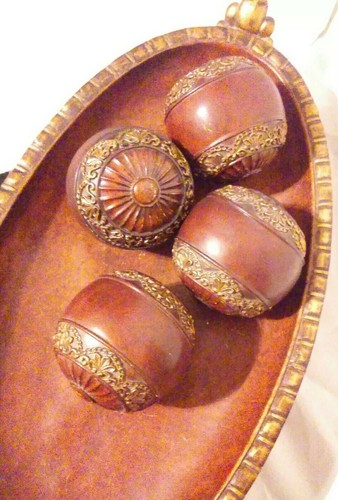 Decorative Wooden Oval Bowl ( Chocolate Saddle Brown/Gold) 4 Art Deco Spheres - Picture 7 of 12