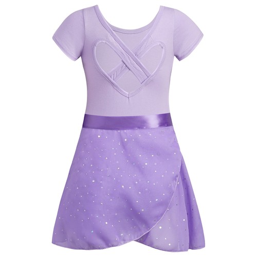 Kids Girls Ballet Leotard Short Sleeve Dance Tulle Dress with Sparkly Skirt Set - Picture 27 of 44