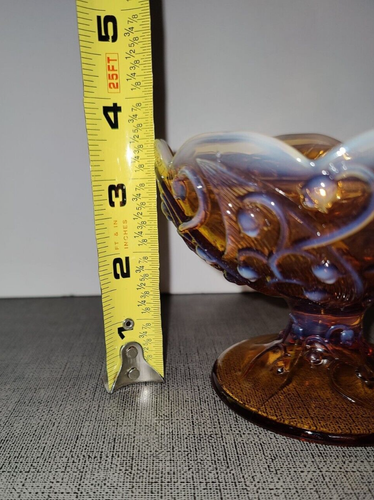 Vintage Amber Glass Pedestal Bowl With Scalloped Edges & Intricate Swirl Design - Picture 4 of 6