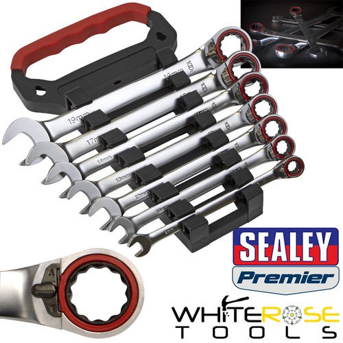 Sealey Spanner Set Reversible Ratchet Combination 7pc 8-19mm 100T Open End Ring