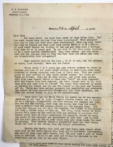 Vintage 1924 4 page Letter about Cuban Land Leases for Sugar Mills or Cattle - Picture 2 of 3