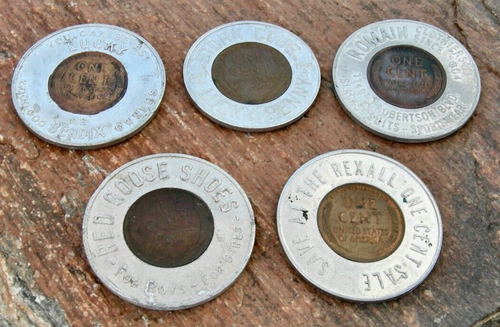 group 5 pcs WHEAT EAR CENT ENCASED PENNIES REXALL DRUG, RED GOOSE SHOES BENDIX - Picture 12 of 12