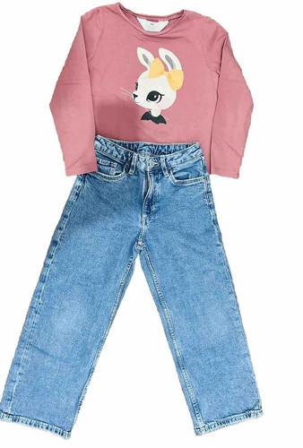 H&M Girls 2 Piece Set Long Sleeve T-Shirt Wide Leg Denim Jean 4-5 Years - Picture 9 of 11