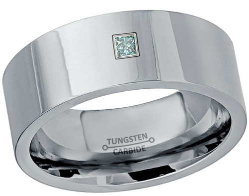 0.05ctw Princess Cut Diamond Ring, 9mm Pipe Cut Tungsten Wedding Band #066 - Picture 7 of 11