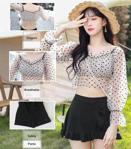 Women Two Piece Polka Dot Crop Top Pleated Skirt Slim Bikini Swimsuit - Picture 4 of 12