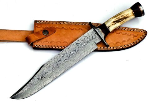 Handmade Damascus Steel 15 Inches Bowie Knife – Elk Deer Horn Handle,With Sheath - Picture 2 of 11