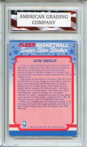 1988 Fleer Basketball Sticker #3 Clyde Drexler AGC 9 Mint Portland Trailblazers - Picture 2 of 2