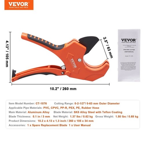Ratcheting PVC Pipe Cutter 0-2-1/2 O.D Heavy Duty Tube Cutter W/ SK5 Blade New - Picture 8 of 10