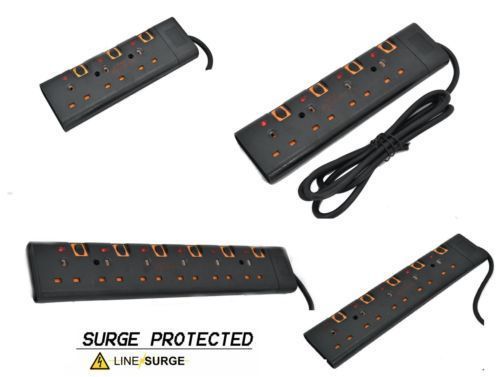 SURGE PROTECTED SWITCHED EXTENSION LEAD CABLE 2/5M METER  3 4 5 6 WAY BLACK UK - Afbeelding 1 van 8