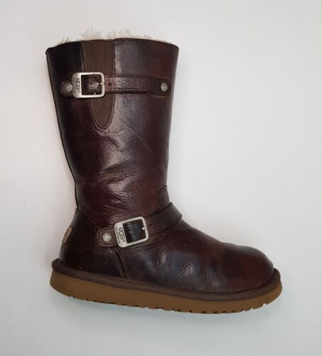 UGG KENSINGTON SIZE 3UK GIRLS BROWN LEATHER WATER RESISTANT SNOW MID CALF BOOTS - Picture 13 of 24