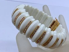 GOLD PLATED CRYSTAL RESIN PANELED WHITE BRACELET SIGNED ART DECO STYLE