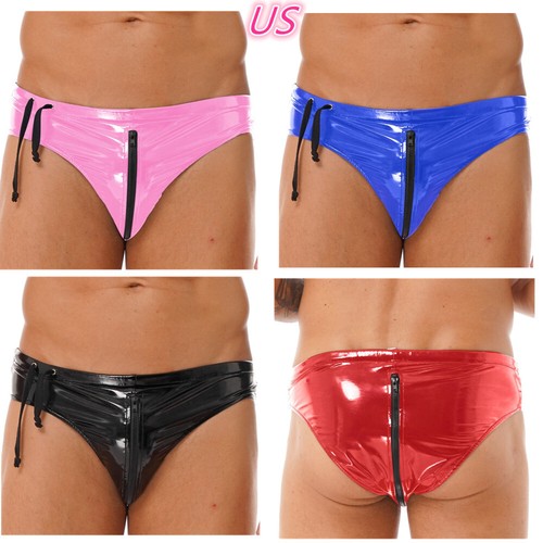 Men's Latex Briefs Drawstring Thong Low Rise Panties Zipper Shorts Underwear - Bild 1 von 32