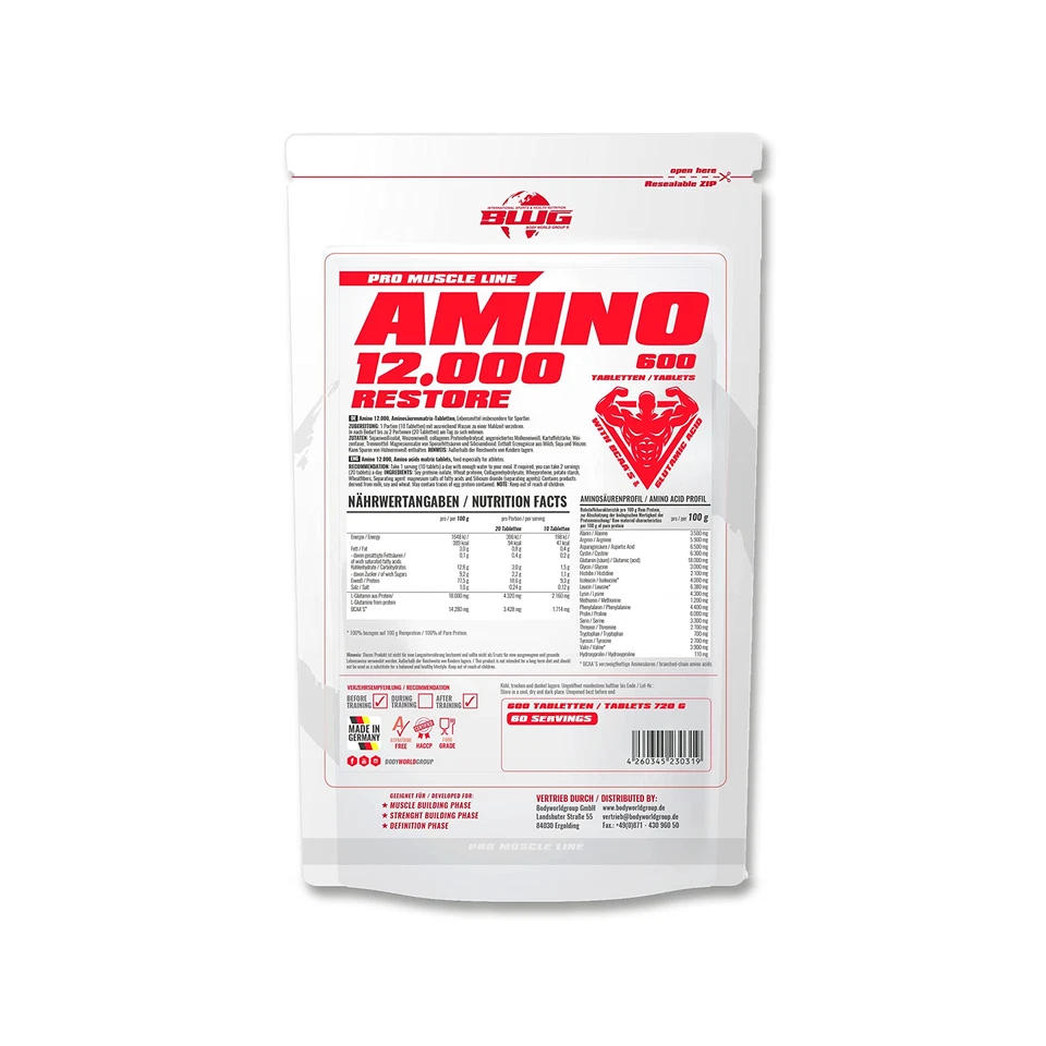 17.88€/kg - BWG Amino F 12.000 Restore+ Bcaa's, 600 Tabletten Bodyworldgroup - Bild 1 von 1