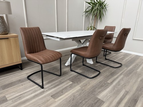 Furniture Village Terra Cognac Tan Leather Set Of 4 Dining Chairs Ready To Ship - Picture 12 of 24