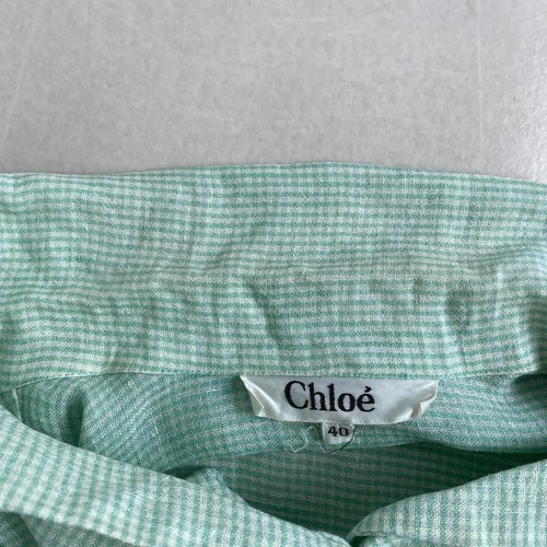 Abito camicia Chloe Gingham check verde chiaro misto lino vintage raro fatto a mano - Foto 9 di 10