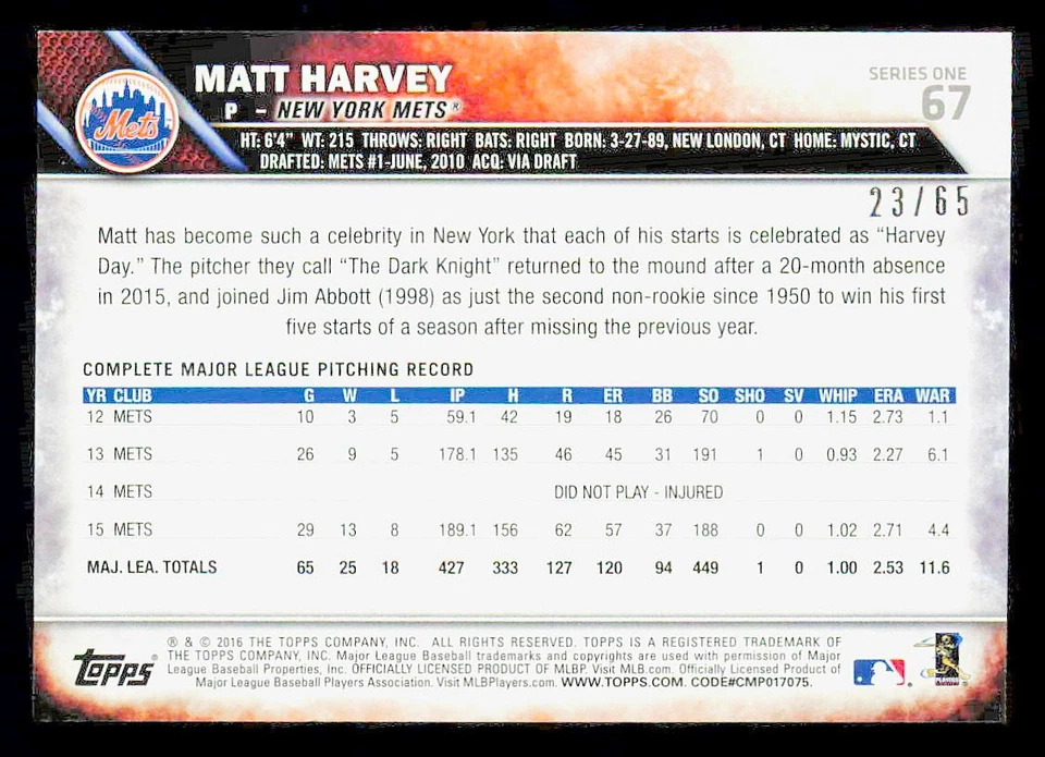 Matt Harvey 2016 Topps #67/65 Black New York Mets Foto 2 de 2