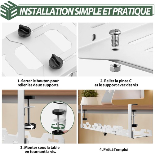 Gestion des câbles sous le bureau sans perçage plateau magnétique rétractable... - Photo 8/9