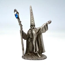 2003 KRM Pewter Wizard Figurine with Blue Crystal Staff Fantasy Mage Sorcerer